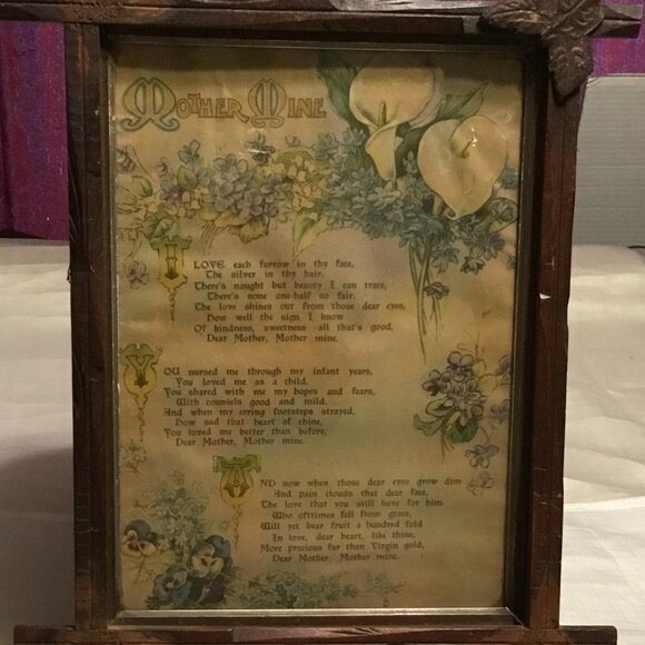 Antique Mother Mine watercolor like print framed behind glass tramp art frame - Picture 6 of 15